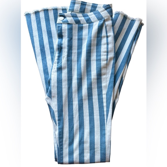 White & Light Blue Pin Stripe Super Flare Bell Bottom Flares - Picture 4 of 7
